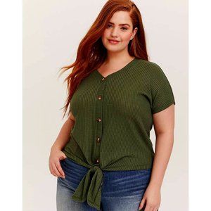TORRID OLIVE GREEN WAFFLE KNIT TIE BLOUSE